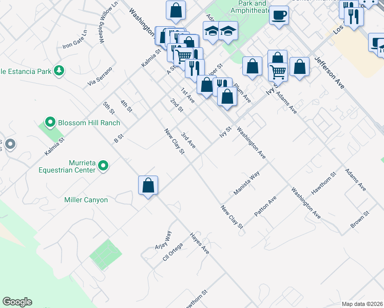 map of restaurants, bars, coffee shops, grocery stores, and more near 24983 3rd Avenue in Murrieta