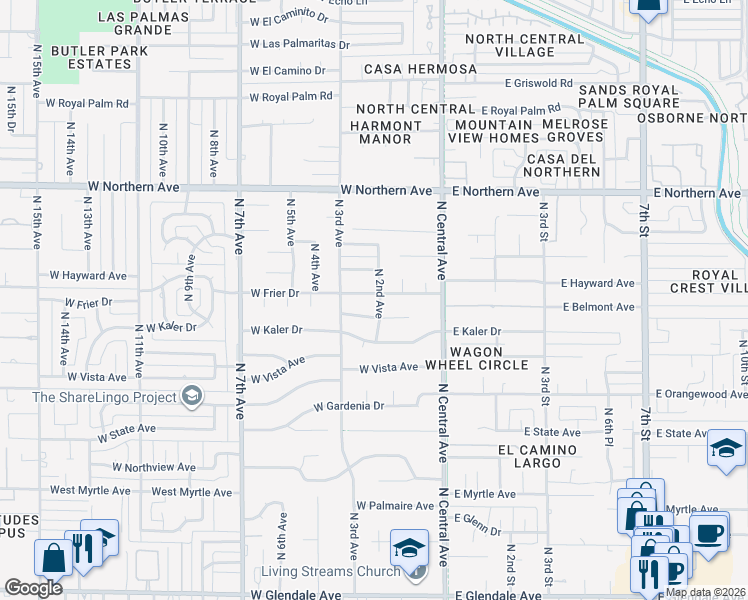 map of restaurants, bars, coffee shops, grocery stores, and more near 201 West Frier Drive in Phoenix