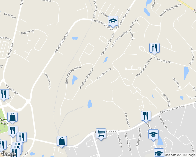 map of restaurants, bars, coffee shops, grocery stores, and more near 831 Park Chase Drive in Evans