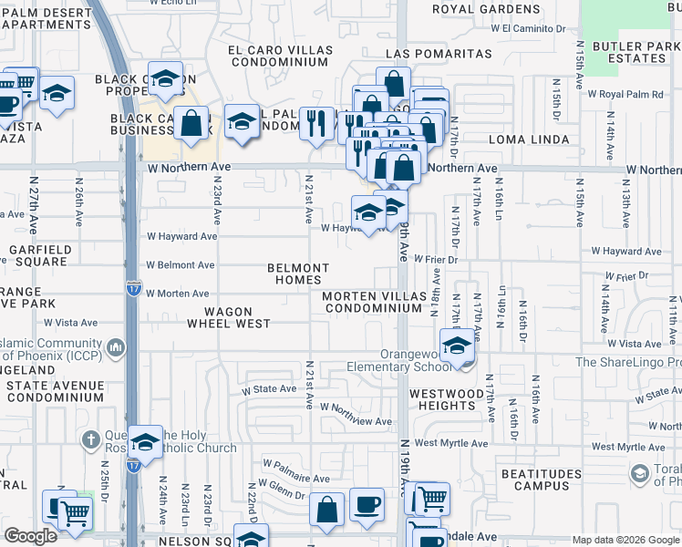 map of restaurants, bars, coffee shops, grocery stores, and more near 2002 West Morten Avenue in Phoenix