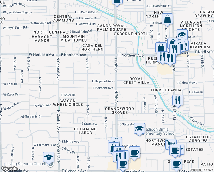 map of restaurants, bars, coffee shops, grocery stores, and more near 518 E Belmont Ave in Phoenix