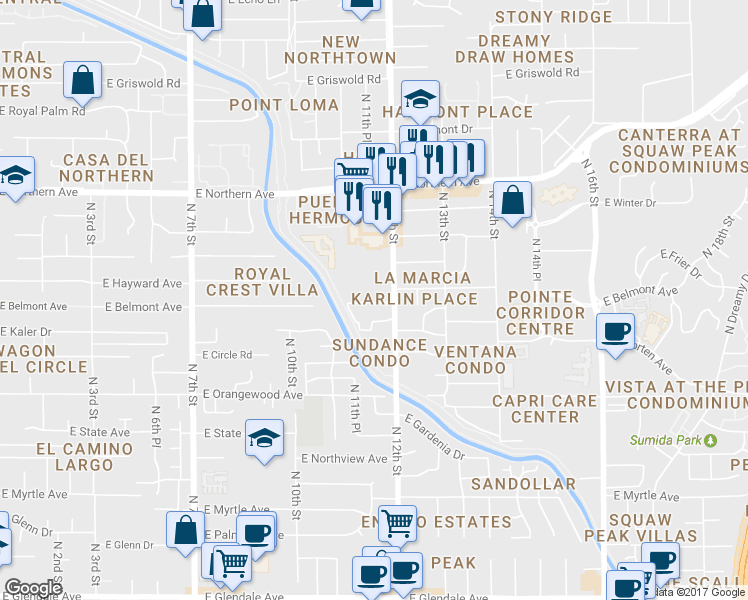 map of restaurants, bars, coffee shops, grocery stores, and more near 1150 East Belmont Avenue in Phoenix
