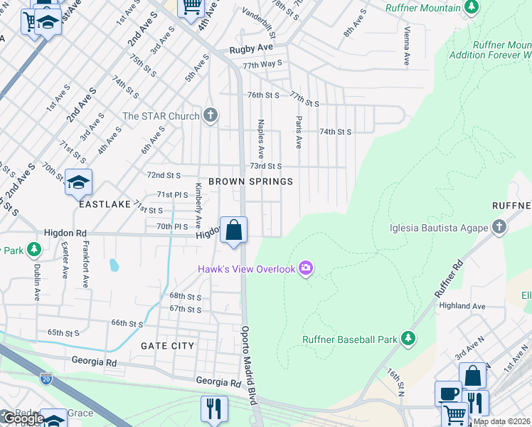 map of restaurants, bars, coffee shops, grocery stores, and more near 7131 Naples Avenue in Birmingham