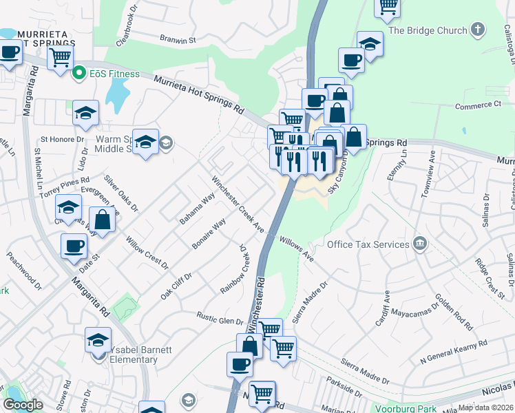 map of restaurants, bars, coffee shops, grocery stores, and more near 39217 Rising Hill Drive in Temecula
