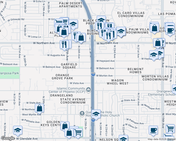 map of restaurants, bars, coffee shops, grocery stores, and more near 2509 West Belmont Avenue in Phoenix