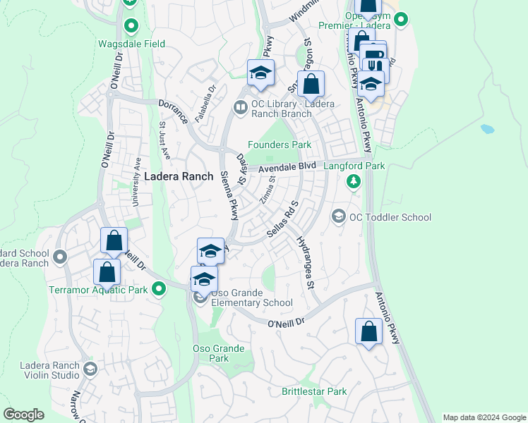 map of restaurants, bars, coffee shops, grocery stores, and more near 15 Strawflower Street in Ladera Ranch