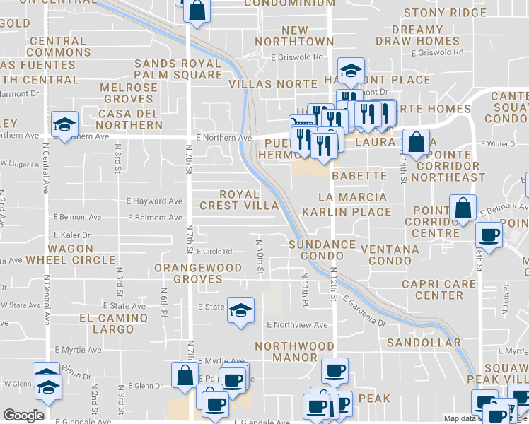 map of restaurants, bars, coffee shops, grocery stores, and more near 1002 East Belmont Avenue in Phoenix