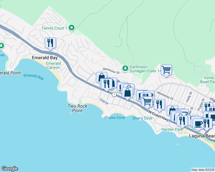 map of restaurants, bars, coffee shops, grocery stores, and more near 233 Cajon Street in Laguna Beach