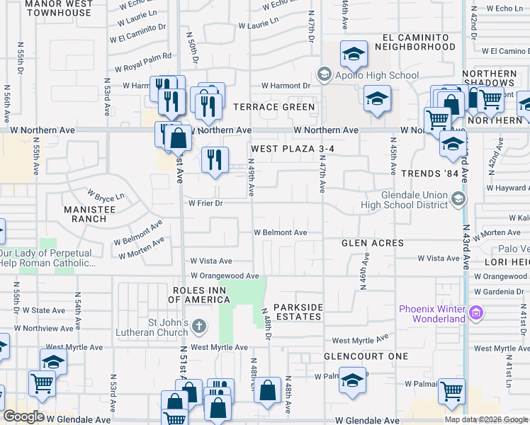 map of restaurants, bars, coffee shops, grocery stores, and more near 4840 West Kaler Circle in Glendale