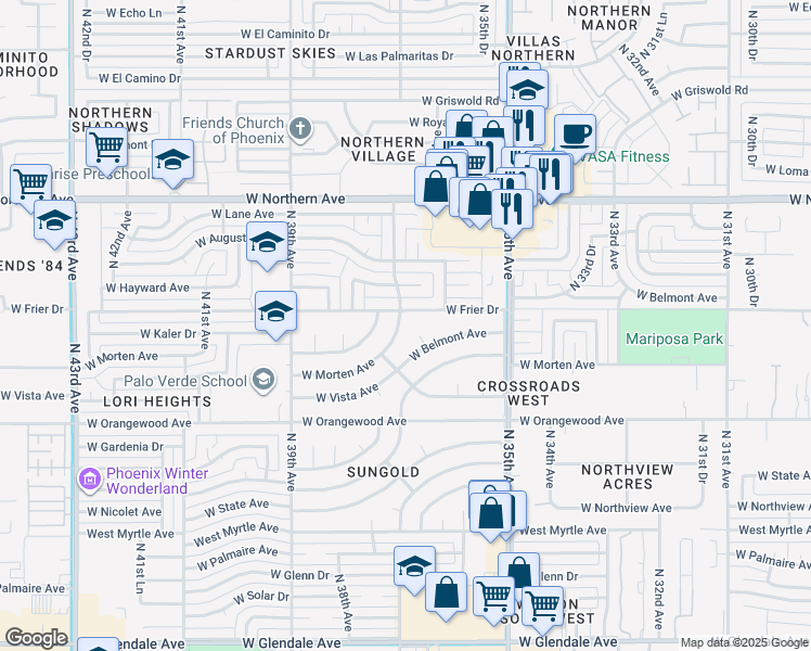 map of restaurants, bars, coffee shops, grocery stores, and more near 7653 N 37th Ave in Phoenix