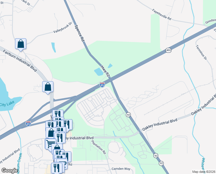 map of restaurants, bars, coffee shops, grocery stores, and more near 5523 Radford Loop in Fairburn