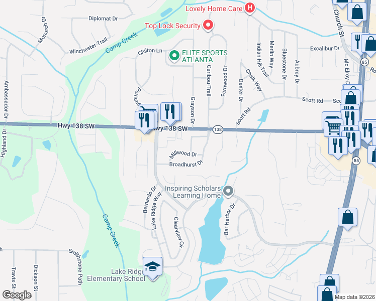 map of restaurants, bars, coffee shops, grocery stores, and more near 7565 Woodbine Place in Riverdale