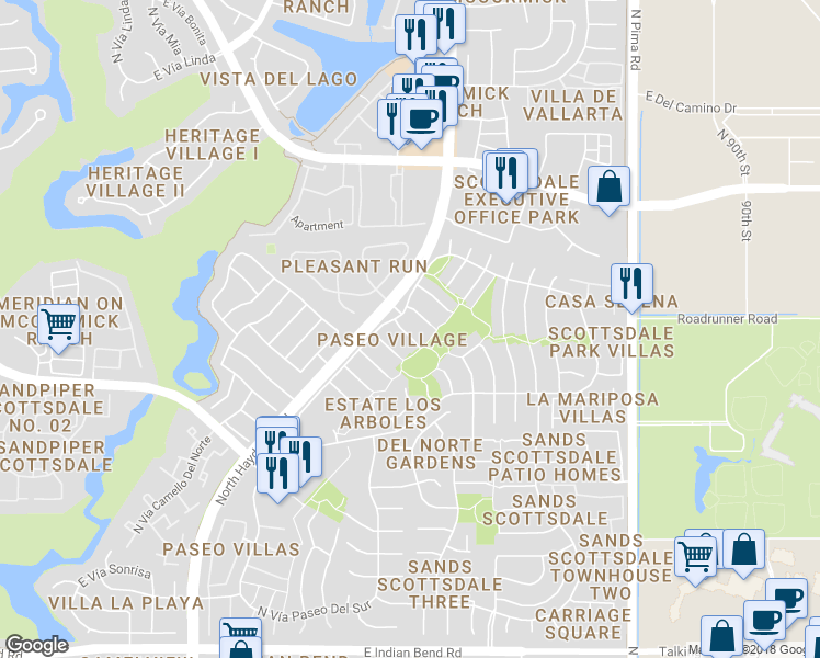 map of restaurants, bars, coffee shops, grocery stores, and more near 8416 East Vía del Parque in Scottsdale