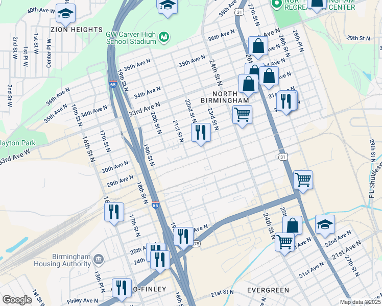 map of restaurants, bars, coffee shops, grocery stores, and more near 2104 29th Avenue North in Birmingham