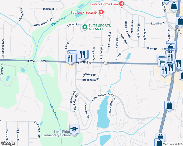 map of restaurants, bars, coffee shops, grocery stores, and more near 7565 Woodbine Place in Riverdale