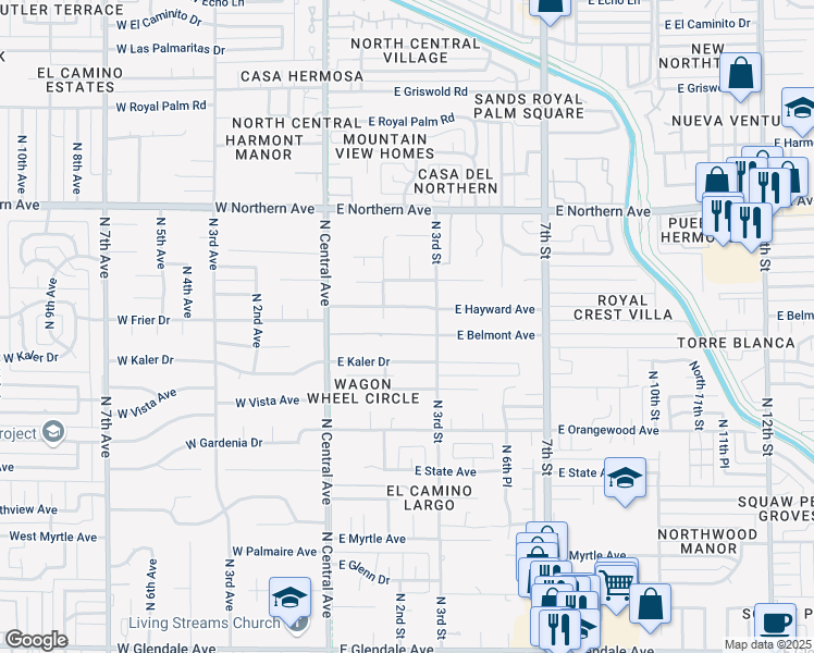 map of restaurants, bars, coffee shops, grocery stores, and more near 7601 North Central Avenue in Phoenix