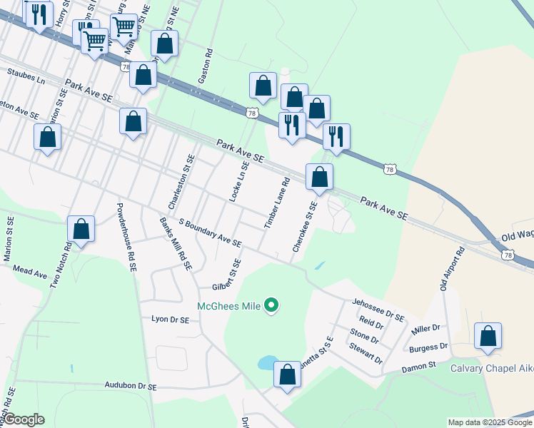 map of restaurants, bars, coffee shops, grocery stores, and more near 1715 Colleton Avenue Southeast in Aiken