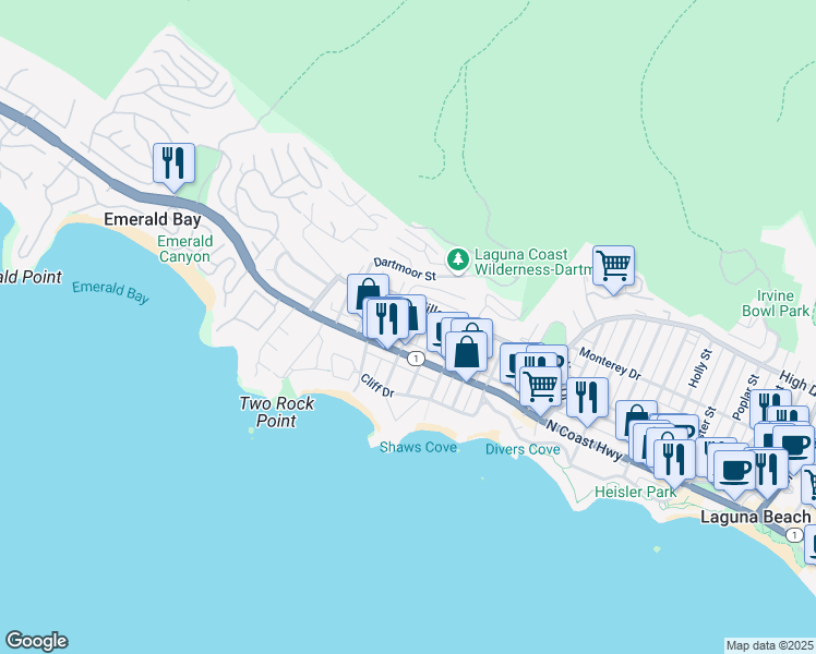 map of restaurants, bars, coffee shops, grocery stores, and more near 252 Chiquita Street in Laguna Beach