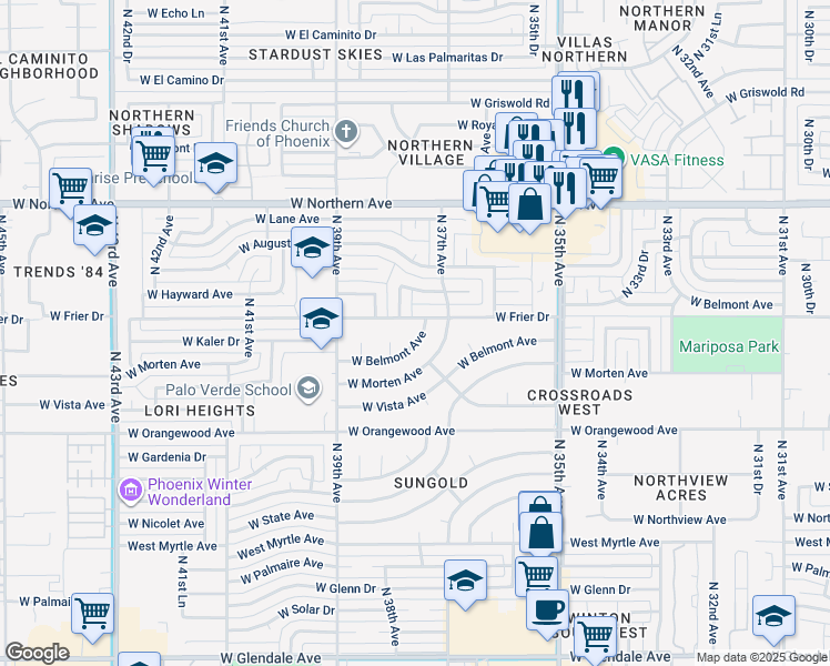 map of restaurants, bars, coffee shops, grocery stores, and more near 3712 W Belmont Ave in Phoenix