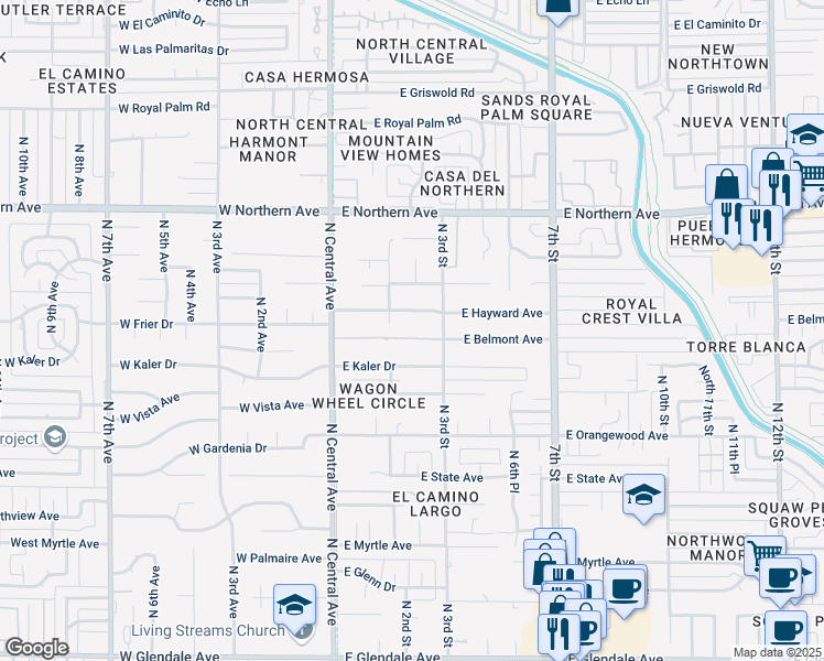 map of restaurants, bars, coffee shops, grocery stores, and more near 7601 North Central Avenue in Phoenix