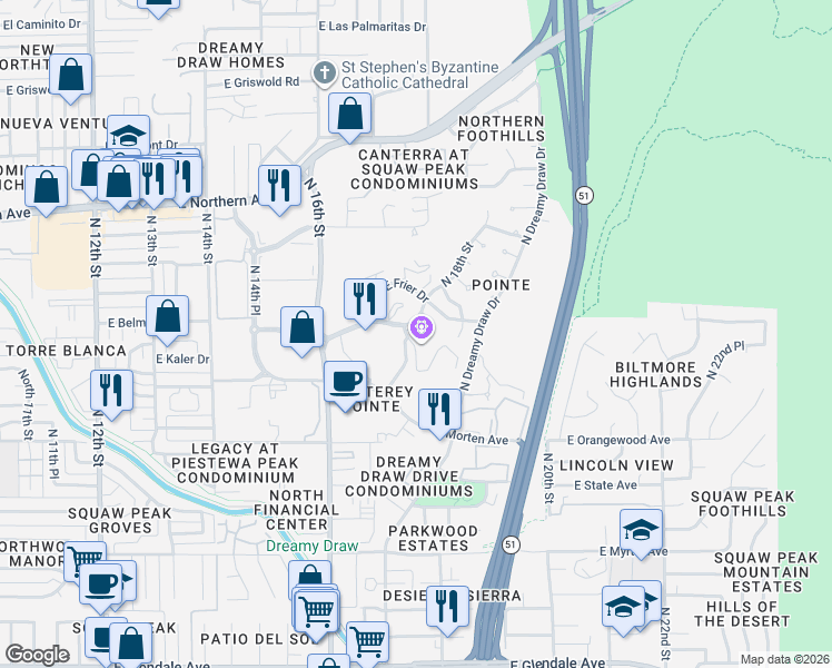 map of restaurants, bars, coffee shops, grocery stores, and more near 7669 North 18th Street in Phoenix