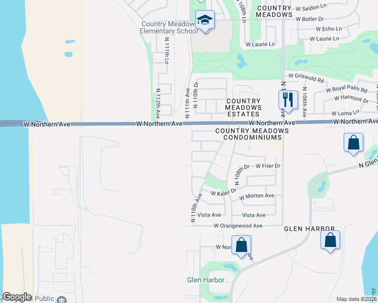 map of restaurants, bars, coffee shops, grocery stores, and more near 7812 North 110th Lane in Glendale