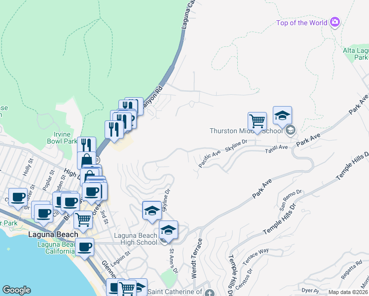 map of restaurants, bars, coffee shops, grocery stores, and more near 1385 Skyline Drive in Laguna Beach