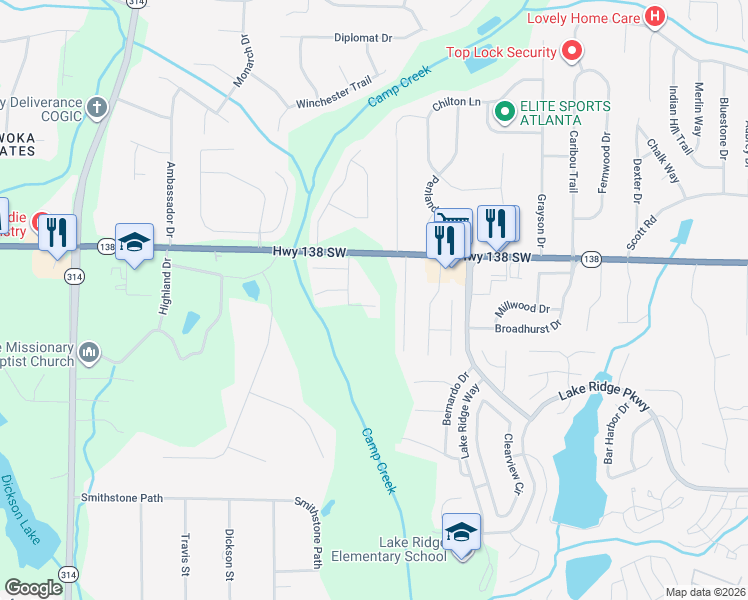 map of restaurants, bars, coffee shops, grocery stores, and more near 7688 Creekside Lane in Riverdale