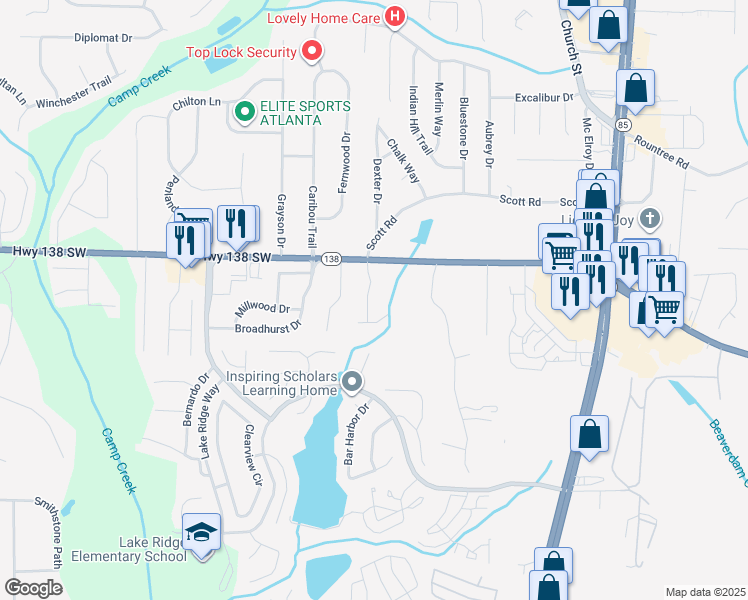 map of restaurants, bars, coffee shops, grocery stores, and more near 7544 Sugarcreek Dr in Riverdale