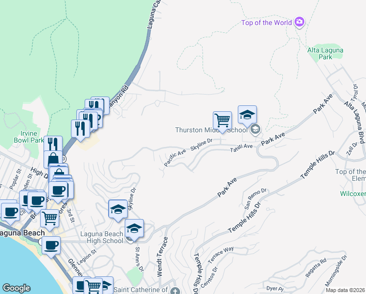 map of restaurants, bars, coffee shops, grocery stores, and more near 1495 Skyline Drive in Laguna Beach