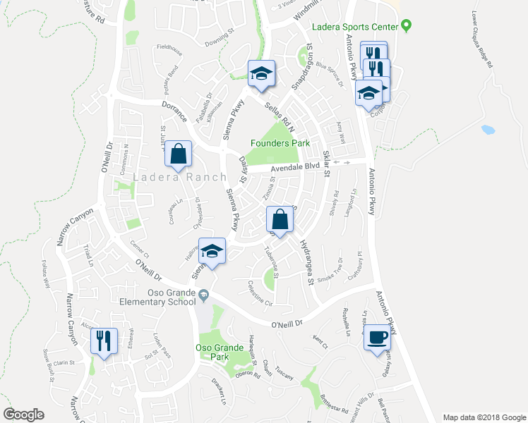 map of restaurants, bars, coffee shops, grocery stores, and more near 17 Gilly Flower Street in Ladera Ranch