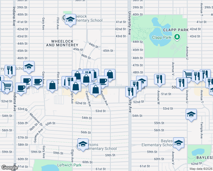 map of restaurants, bars, coffee shops, grocery stores, and more near 2614 50th St in Lubbock