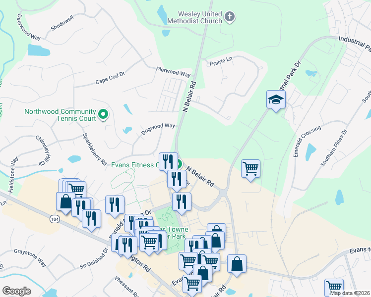 map of restaurants, bars, coffee shops, grocery stores, and more near 743 North Belair Road in Evans
