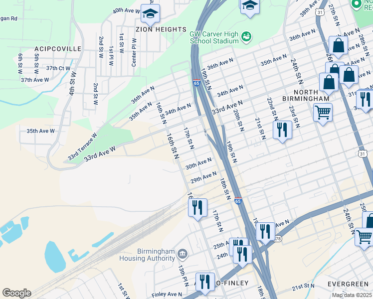 map of restaurants, bars, coffee shops, grocery stores, and more near 1620 31st Avenue North in Birmingham