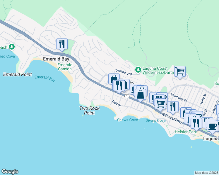 map of restaurants, bars, coffee shops, grocery stores, and more near 1404 North Coast Highway in Laguna Beach