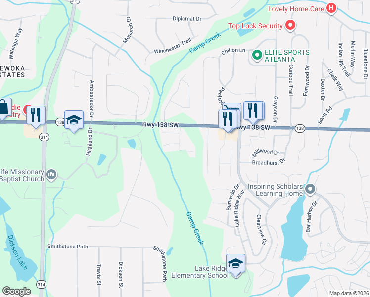 map of restaurants, bars, coffee shops, grocery stores, and more near 7672 Creekside Lane in Riverdale