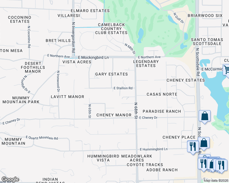 map of restaurants, bars, coffee shops, grocery stores, and more near 6623 East Stallion Road in Paradise Valley