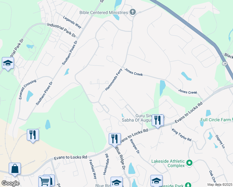 map of restaurants, bars, coffee shops, grocery stores, and more near 750 Jennings Road in Evans