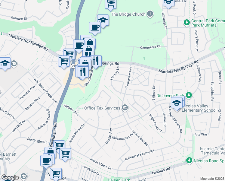 map of restaurants, bars, coffee shops, grocery stores, and more near 39305 Eternity Lane in Murrieta