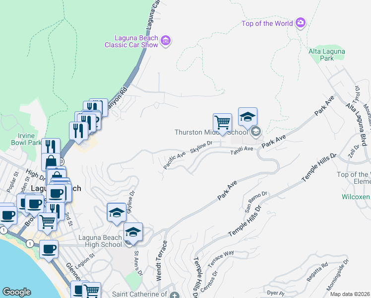 map of restaurants, bars, coffee shops, grocery stores, and more near 1495 Skyline Drive in Laguna Beach