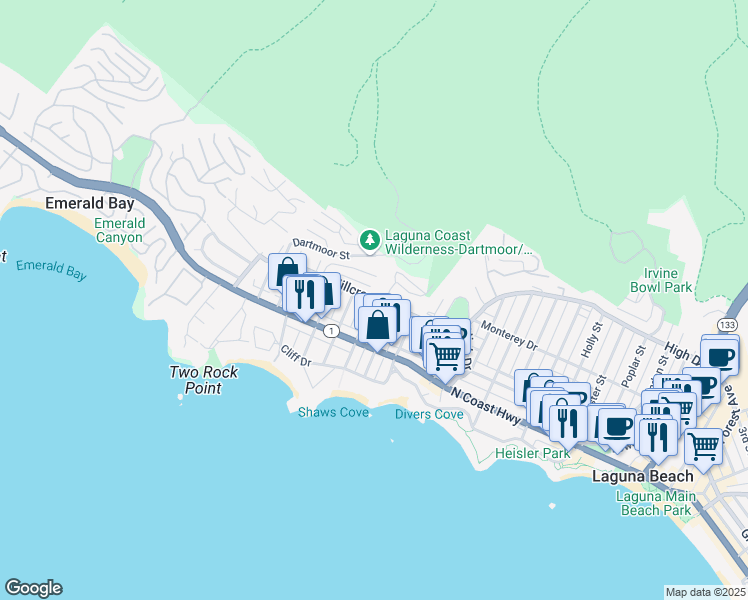 map of restaurants, bars, coffee shops, grocery stores, and more near 950 Hillcrest Drive in Laguna Beach