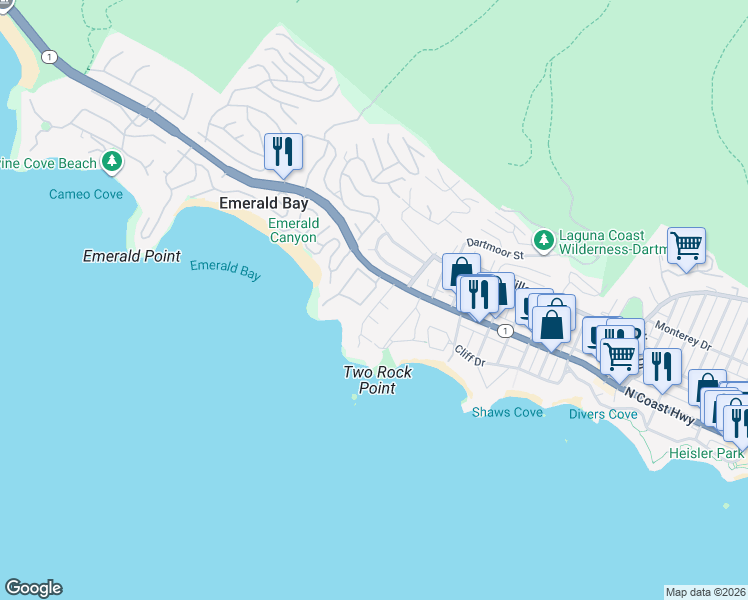 map of restaurants, bars, coffee shops, grocery stores, and more near 5 Via Capri in Laguna Beach