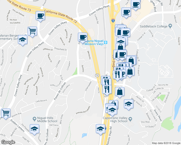 map of restaurants, bars, coffee shops, grocery stores, and more near 28305 Paseo El Siena in Laguna Niguel