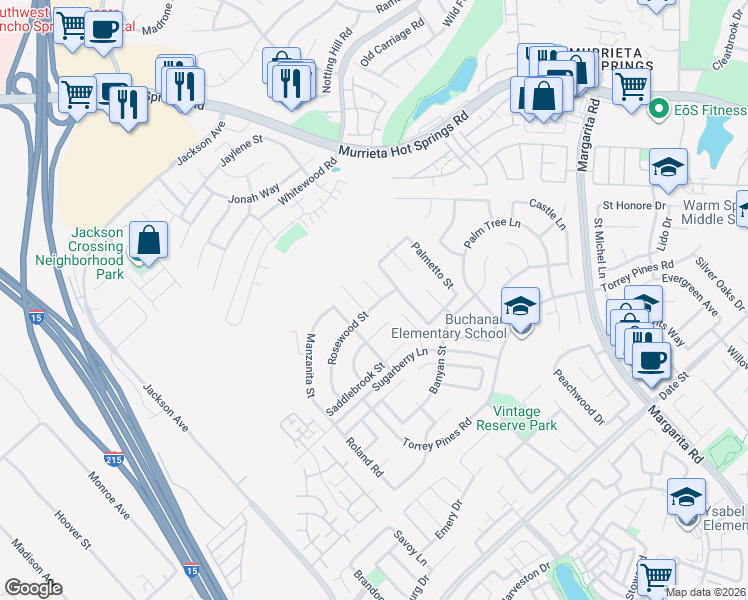 map of restaurants, bars, coffee shops, grocery stores, and more near 26133 Willowbrook Court in Murrieta