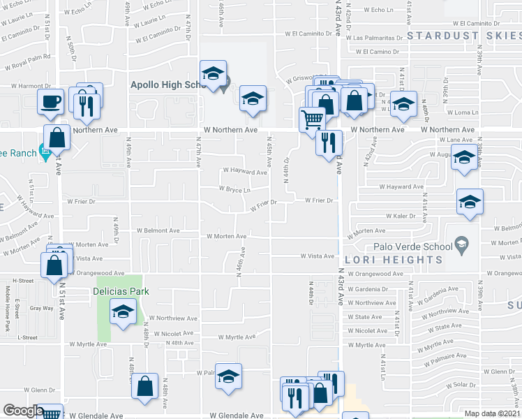 map of restaurants, bars, coffee shops, grocery stores, and more near 4517 West Frier Drive in Glendale