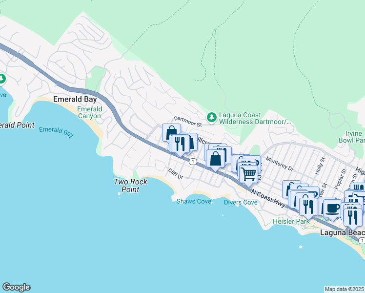 map of restaurants, bars, coffee shops, grocery stores, and more near 239 Cajon Street in Laguna Beach