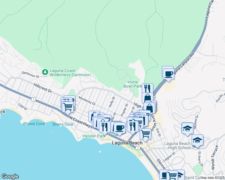map of restaurants, bars, coffee shops, grocery stores, and more near 380 High Drive in Laguna Beach