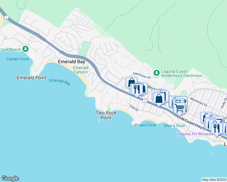 map of restaurants, bars, coffee shops, grocery stores, and more near 1569 North Coast Highway in Laguna Beach