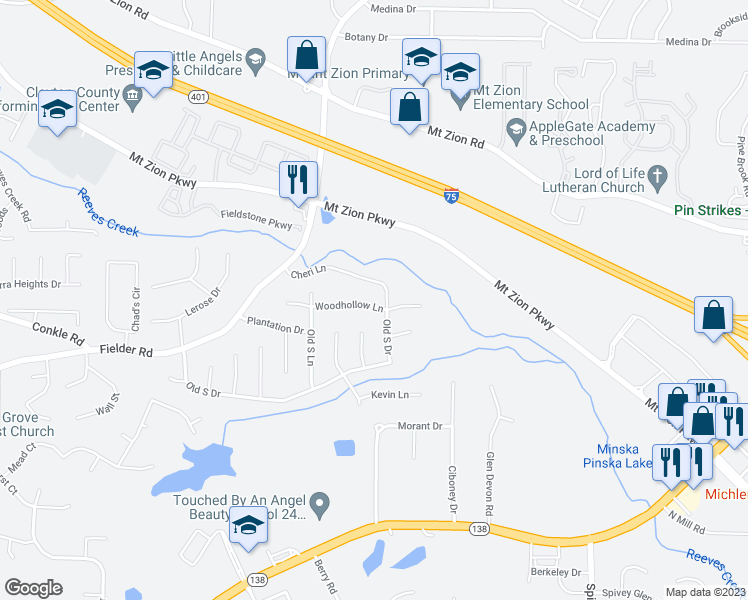 map of restaurants, bars, coffee shops, grocery stores, and more near 2870 Woodhollow Lane in Jonesboro