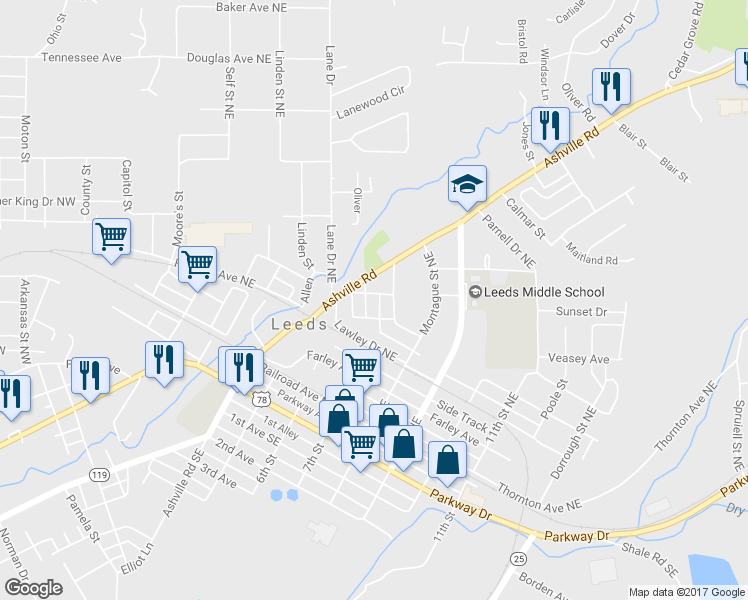 map of restaurants, bars, coffee shops, grocery stores, and more near 1741 Morgan Street Northeast in Leeds